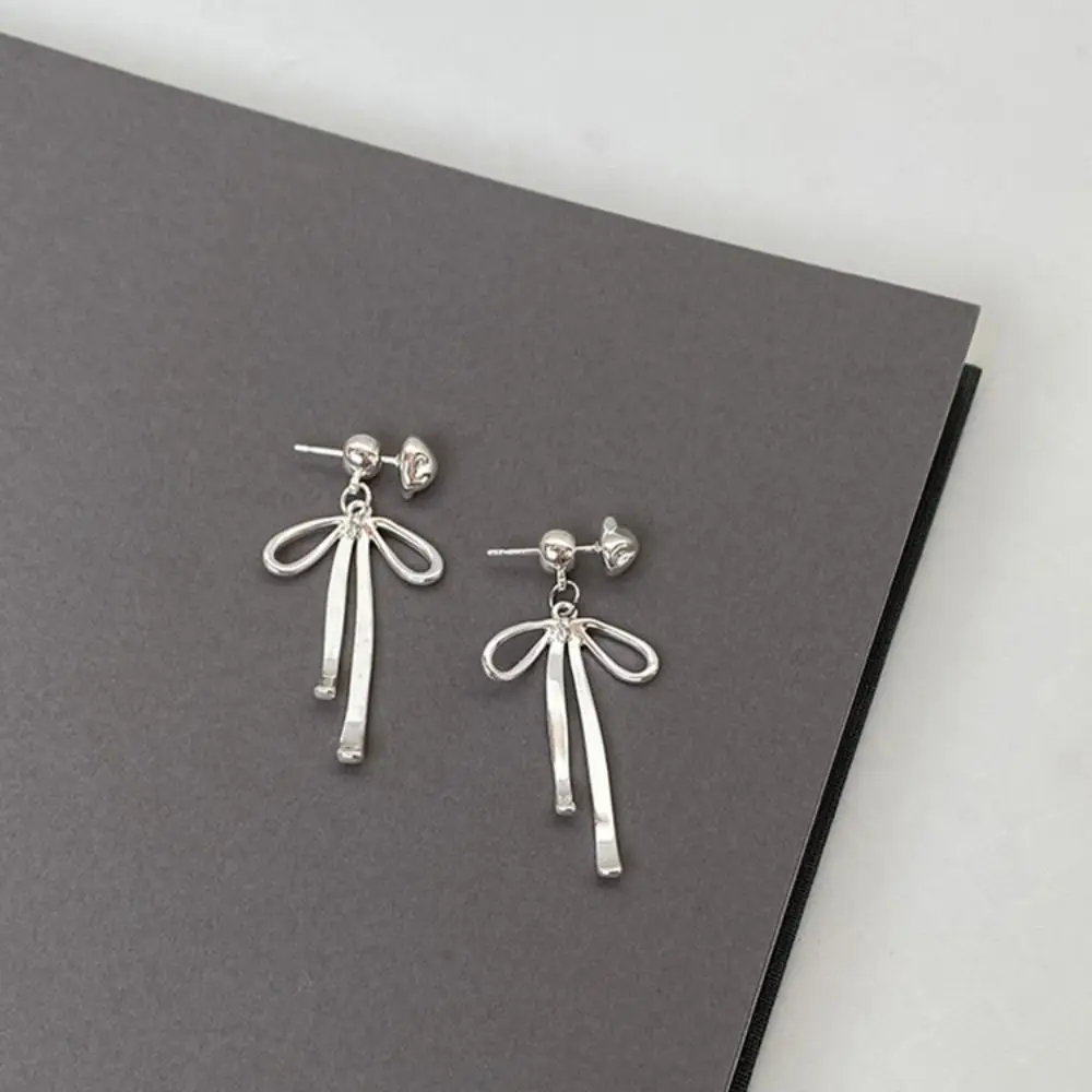 Pendientes Ribbon Bow Dangle Earrings Balletcore Grey Pearl Simple Earrings Alloy Korean Style Piercing Ear Stud Girls Gift