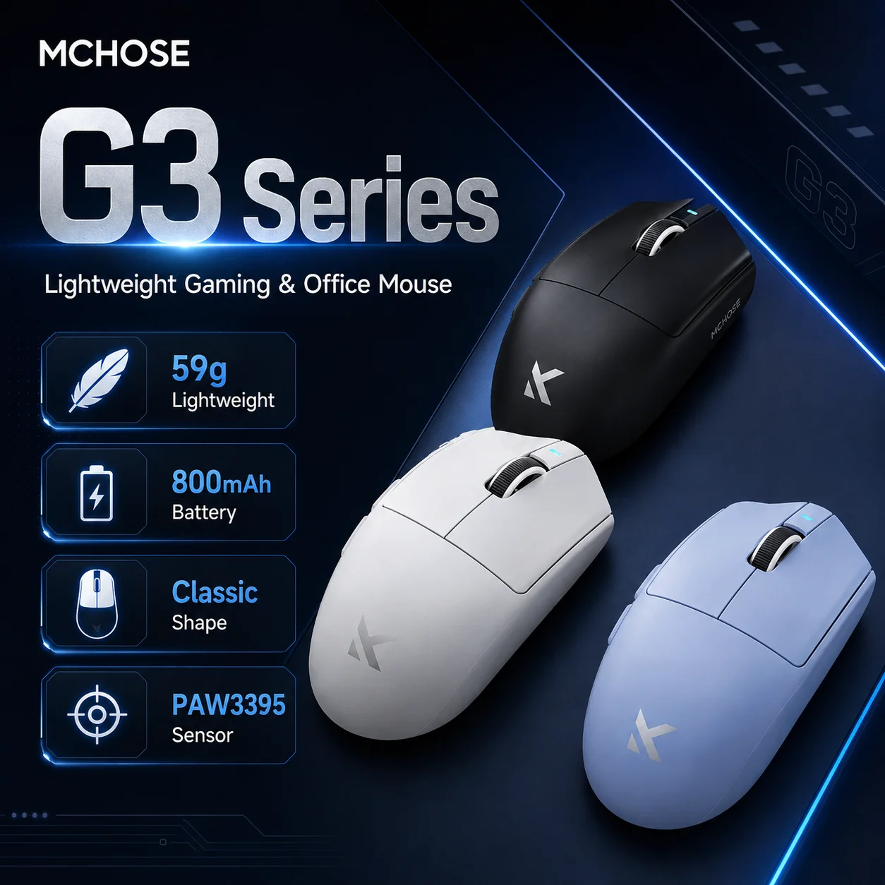 MCHOSE G3 V2 Tri‑Mode Gaming Mouse, PAW3311 Sensor 800mAh Lightweight 2.4G Bluetooth Wired Esports Mouse for PC Laptop Gamers
