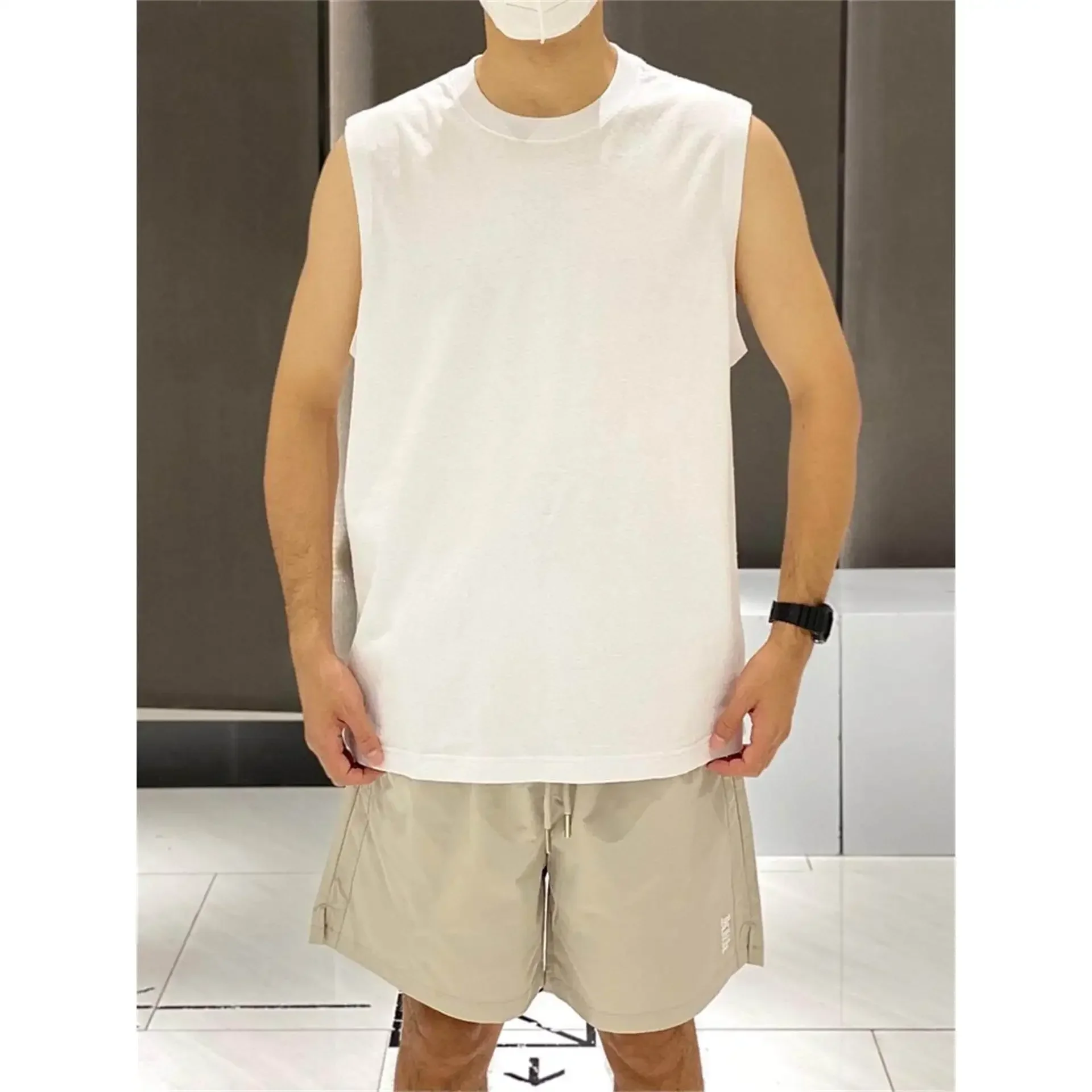 BMS basic Japanese solid color red rope sleeveless sports crew neck vest