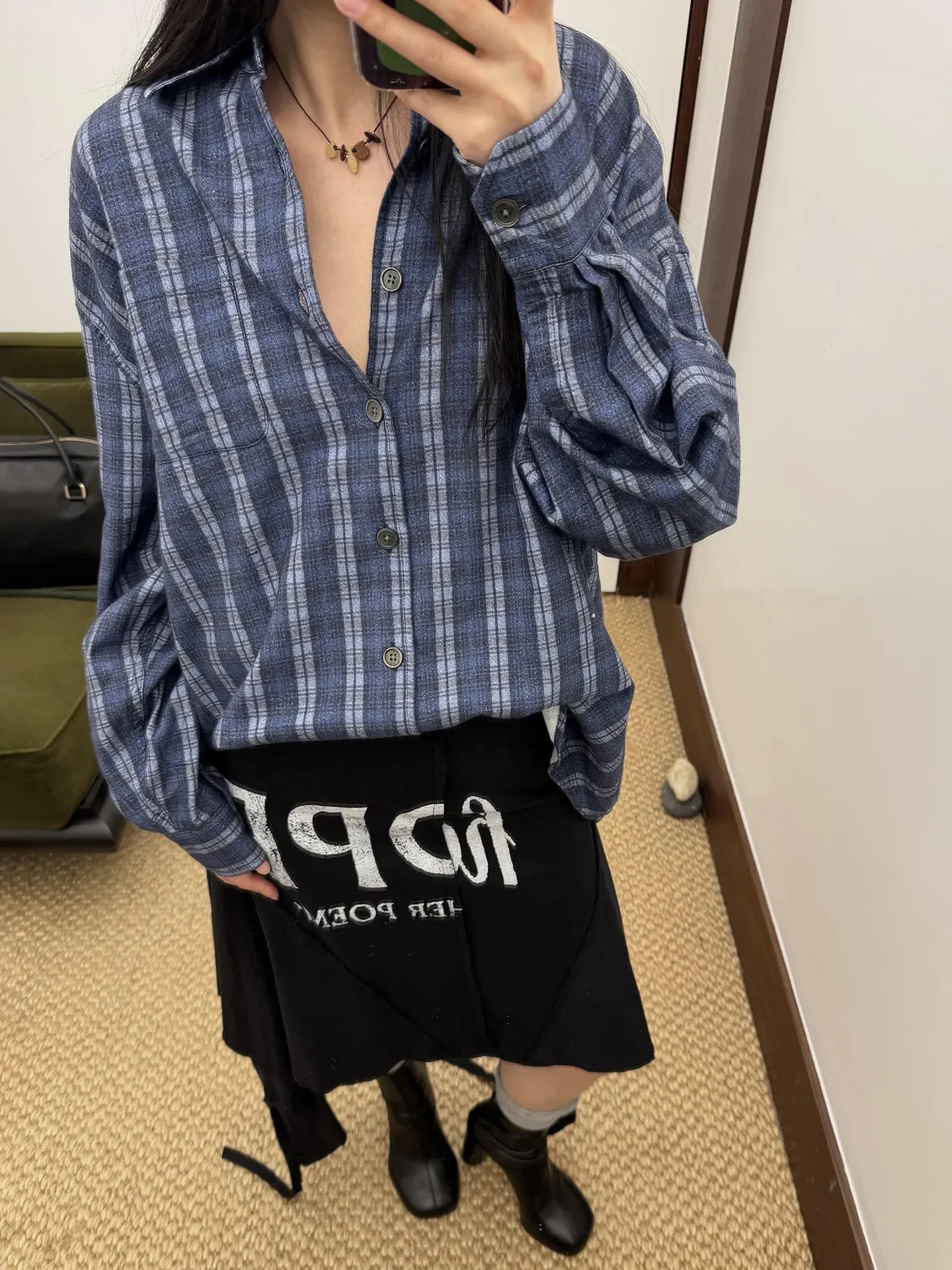 OL style blue plaid casual loose 3D digital printing hem curved long-sleeved shirt