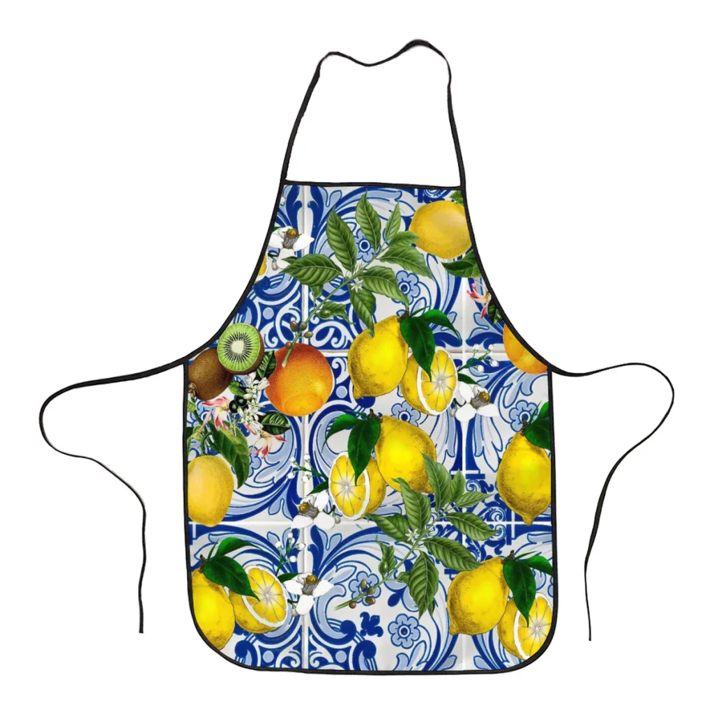 

Fashion Design Mediterranean Lemon on Blue Ceramic Tiles Apron Store Logo For Women Gift Composite Fabric Cleaning Pinafore