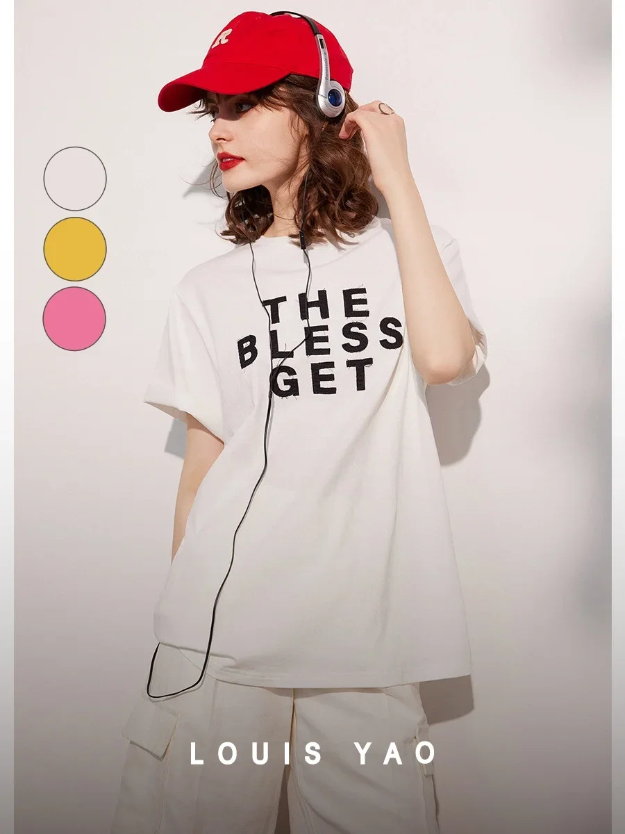 

LOUIS YAO Women Tee 2024 Summer New 100% Cotton Embroidery Letters Fashion Loose T-shirt O Neck Short Sleeve Casual Pullover Top