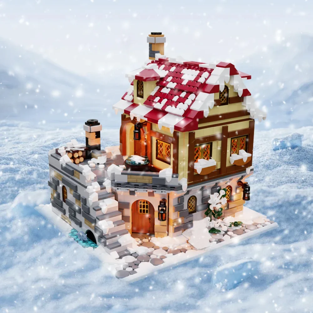 Gobricks MOC โรงเตี๊ยมภายใต้หิมะอิฐรุ่นยุคกลางฤดูหนาว Tavern สถาปัตยกรรมอาคารบล็อกประกอบของเล่นเด็กของขวัญ