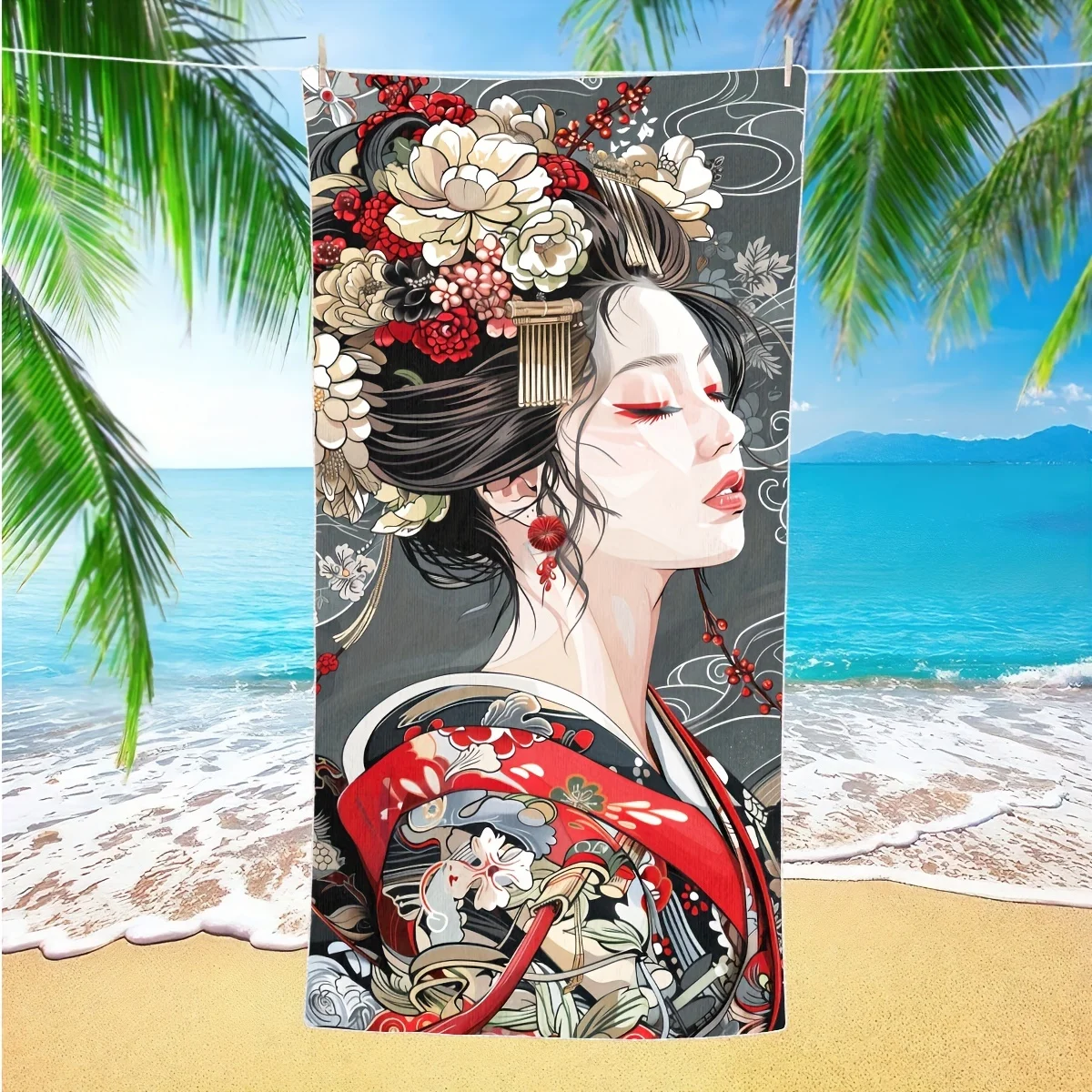 Japanese geisha courtesan pattern polyester microfiber beach towel is highly absorbent, suitable for swimming and beach outings