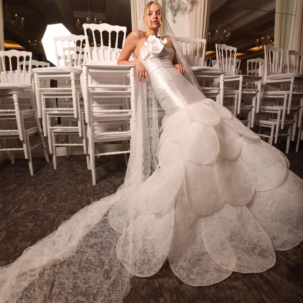 Qcenkeren-Vestidos de novia sin tirantes para mujer, traje de novia con línea A 3D de flores, elegantes Vestidos de novia largos con cola de barrido, Sexy, 2024