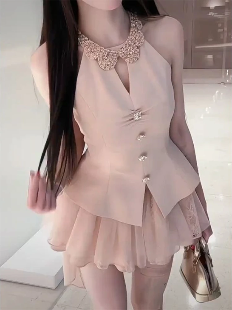 French Elegant Princess Style 2 Piece Set Women Halter Rhinestone Peplum Top + High Waist Mini Skirt Sweet Fashion Party Outfits
