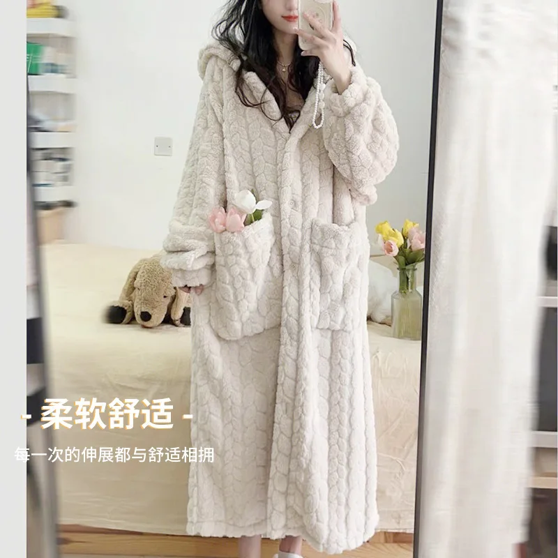 

Winter Women's Flannel Bathrobe Solid Hooded Long Sleeve Ladies Warm Kimono Single Breasted Pockets Thick Dressing Gown Female