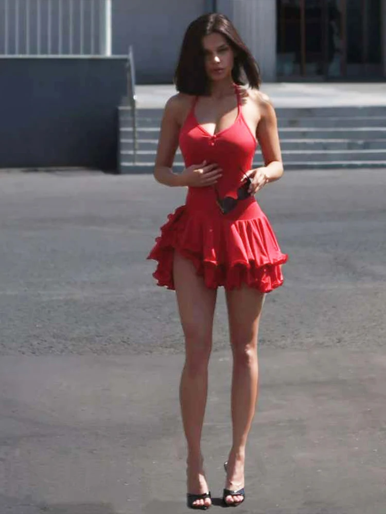 Estranho gato botões em camadas vestido feminino y2k irregular halter sem costas baixo pescoço split dobras magro verão tendência aniversário bodycon