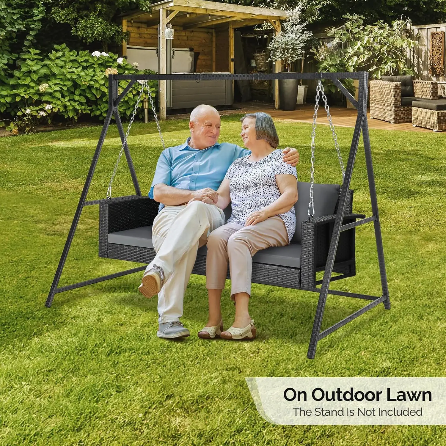 5FT Wicker Swing with Stand 800LBS Rattan Porch Swing Set Black, Customized