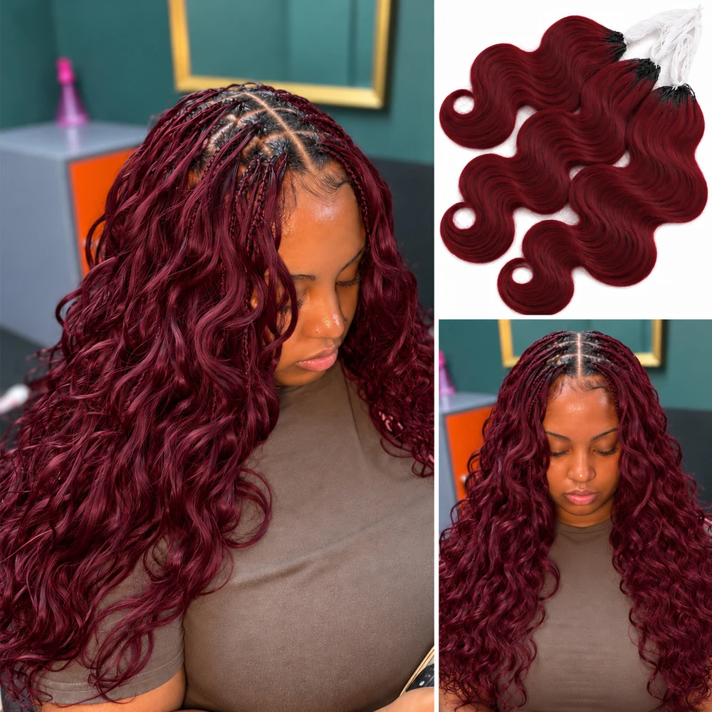 Miracle Knots 99J Burgundy Body Wave Feather Human Hair Crochet Braiding Extensions Invisible Knotless Pre Separated Hair Boho Braids For Women