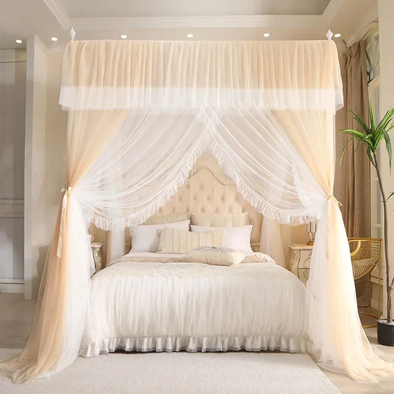 

For 2025 New Palace Floor 3-Layer Gauze Mosquito Net Princess Style Old-Fashioned Bed Curtain with Lace All-Round Insect Proof T