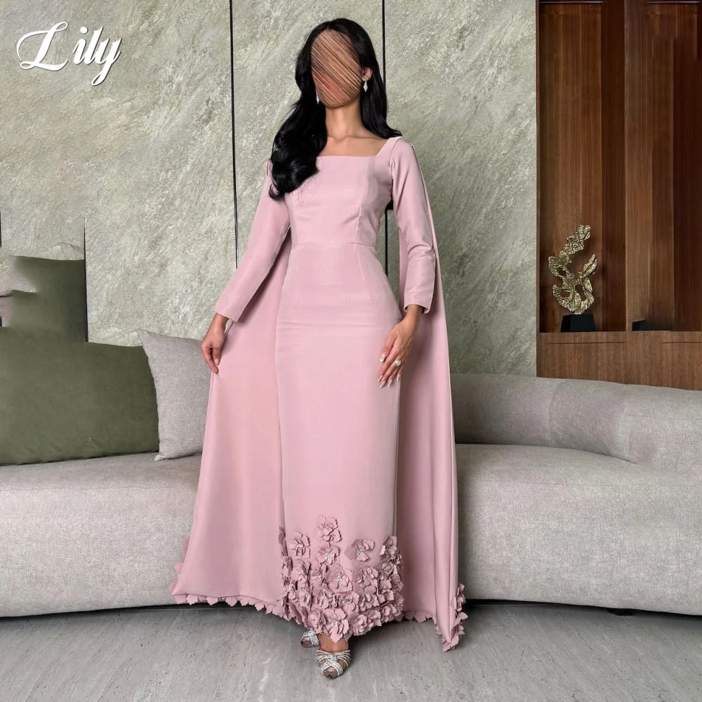

Lily Simple Pink Elegant Prom Gowns Square Collar Sleeve with Cape Party Dress with Appliques Trumpet Evening Dress Customized