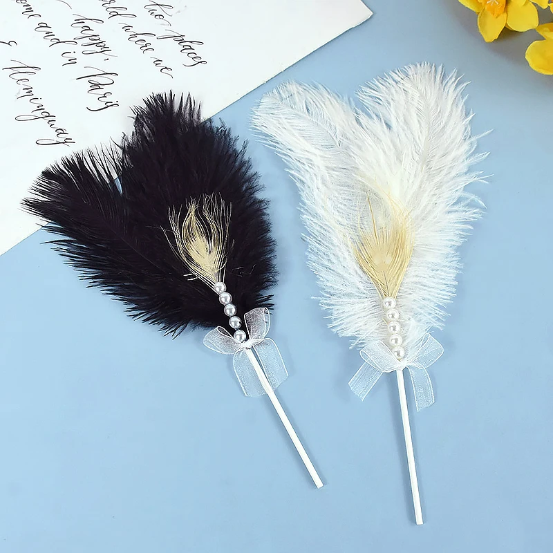 Black White Ostrich Feathers Cake Topper Pearl Natural Feather Cupcake Dessert Flags Wedding Birthday Party Cake Decor Supplies