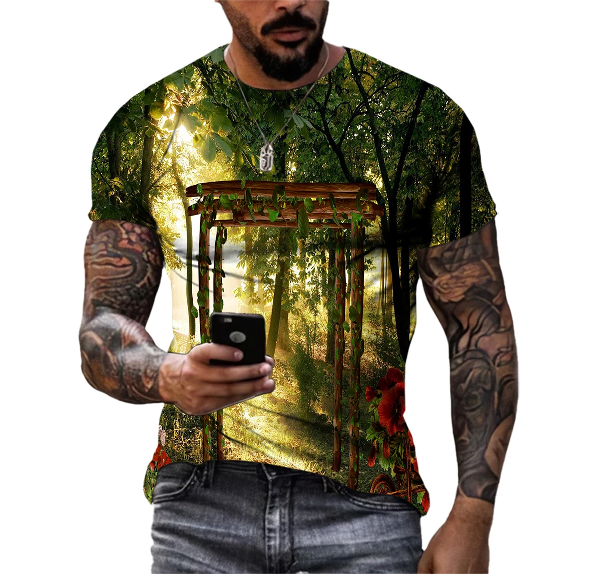 

New Tide Summer Fashion Fairy Tale Forest Picture T-shirts Casual Print Tees Hip Hop Personality Round Neck Short Sleeve Tops