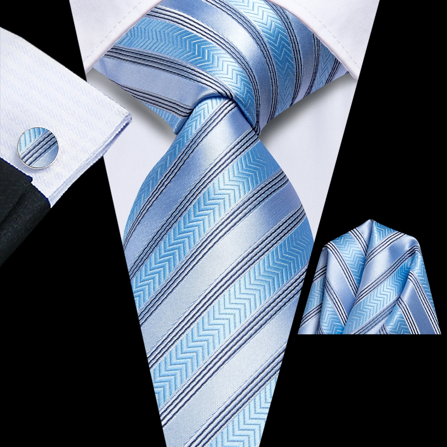 

Hi-Tie Designer Striped Light Blue Elegant Tie for Men Fashion Brand Wedding Party Necktie Handky Cufflink Wholesale Business