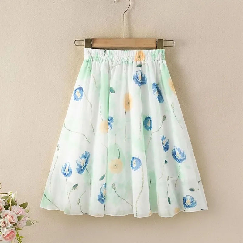 Vintage Bohemian Floral Print A Line Midi Skirt with Watercolor Design for Wome Girls Lightweight Chiffon Country Garden Skirt