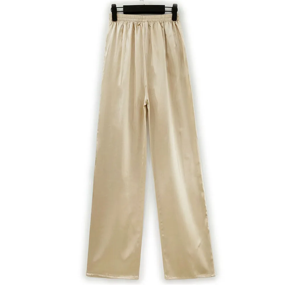 2026 Women's Spring New Heavy 22MM 100% Natural Mulberry Silk Plain Satin Pocket Design Champagne Nine Point Straight Leg Pants
