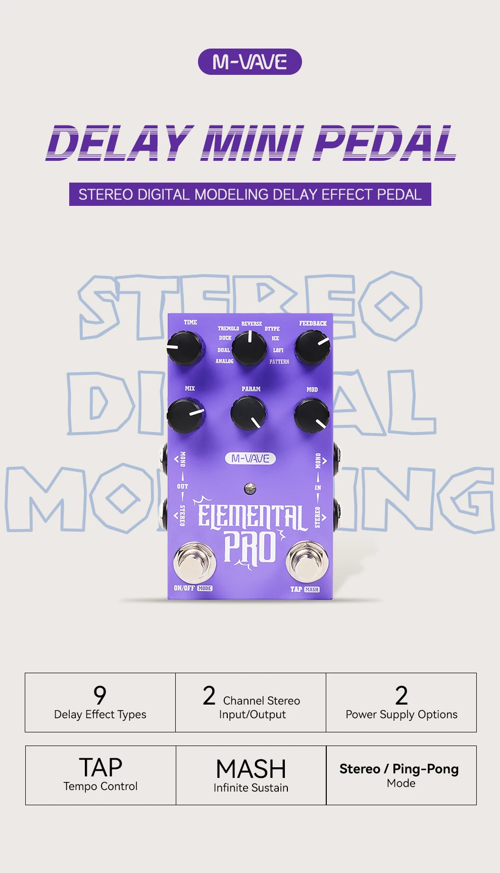M-VAVE Elemental Pro Multi-Delay Guitar Effect Pedal – 9 Delay Types, Ping-Pong Stereo, TAP/MASH Footswitches, USB-C Powered