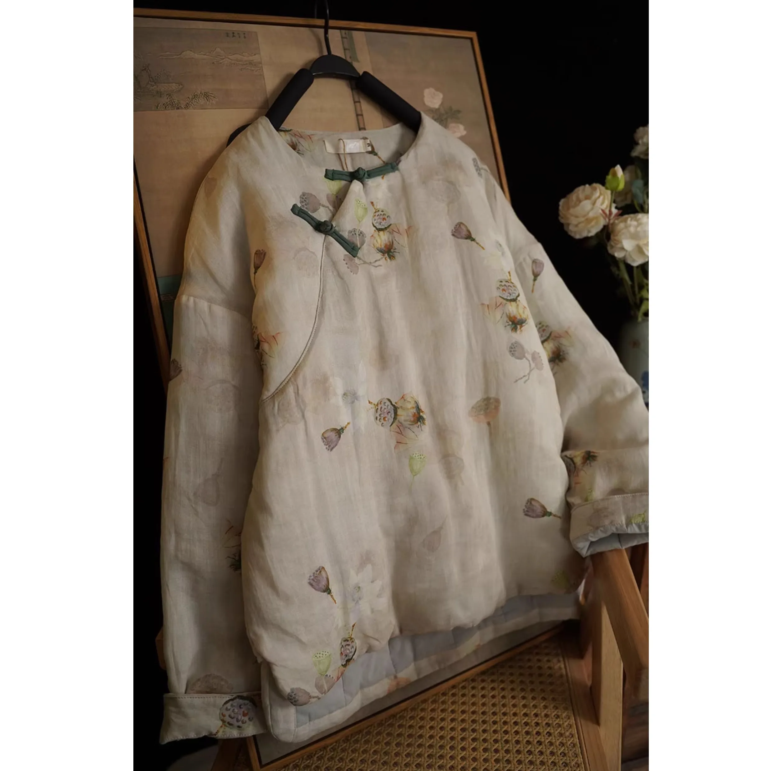 جديد الصينية Sle القنب القطن Jaet المرأة الشتاء جولة Ne زرر ملابس خارجية دافئة زن الروح القطن معطف Dreng Sunny...