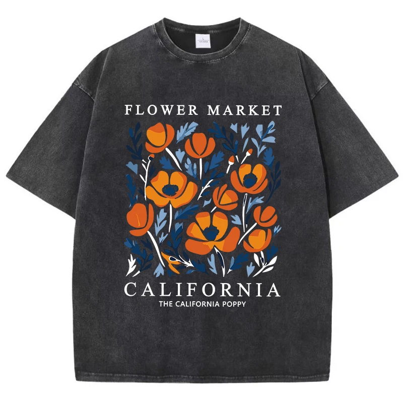 Flowers Market California Prints Washed T-Shirts Womens Cottontops Comfortable O-Neck Oversize T Shirts Fashion Womans Clothes