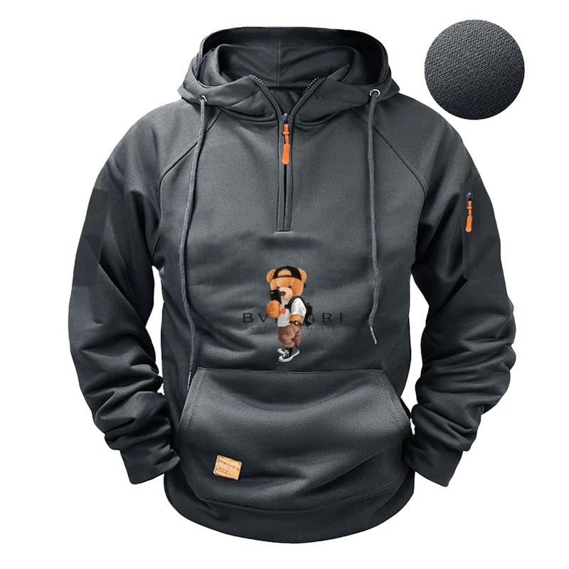 

New men's zippered arm pocket loose casual sportswear, off-the-shoulder hooded jacket pullover, men's fashionable sweatshirt