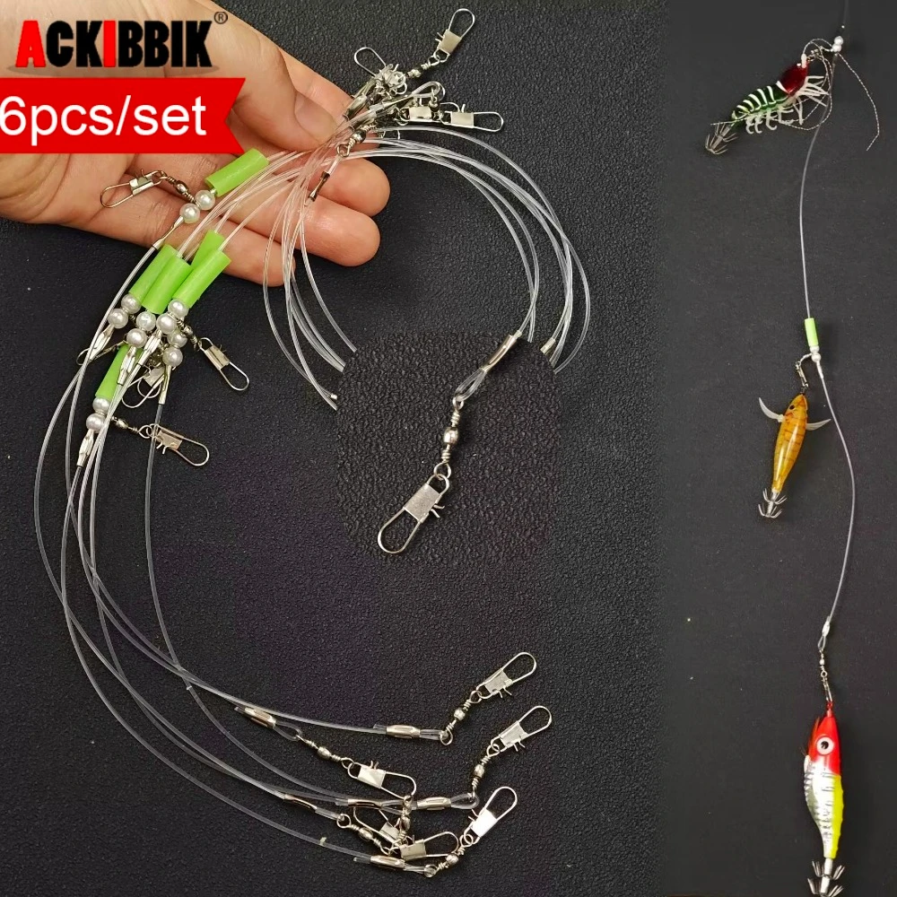 Lote de 6 unidades de aparejos para calamar de 50 cm con tubo verde luminoso, eslabón giratorio y línea de múltiples ramificaciones para pesca de pulpos y calamares