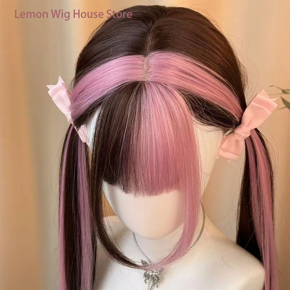 Picture 6: Black Ombre Pink Lolita Wig with Bangs Synthetic Straight Hair Natural Layered Wigs for Women Daily Cosplay Wig Heat Resistant