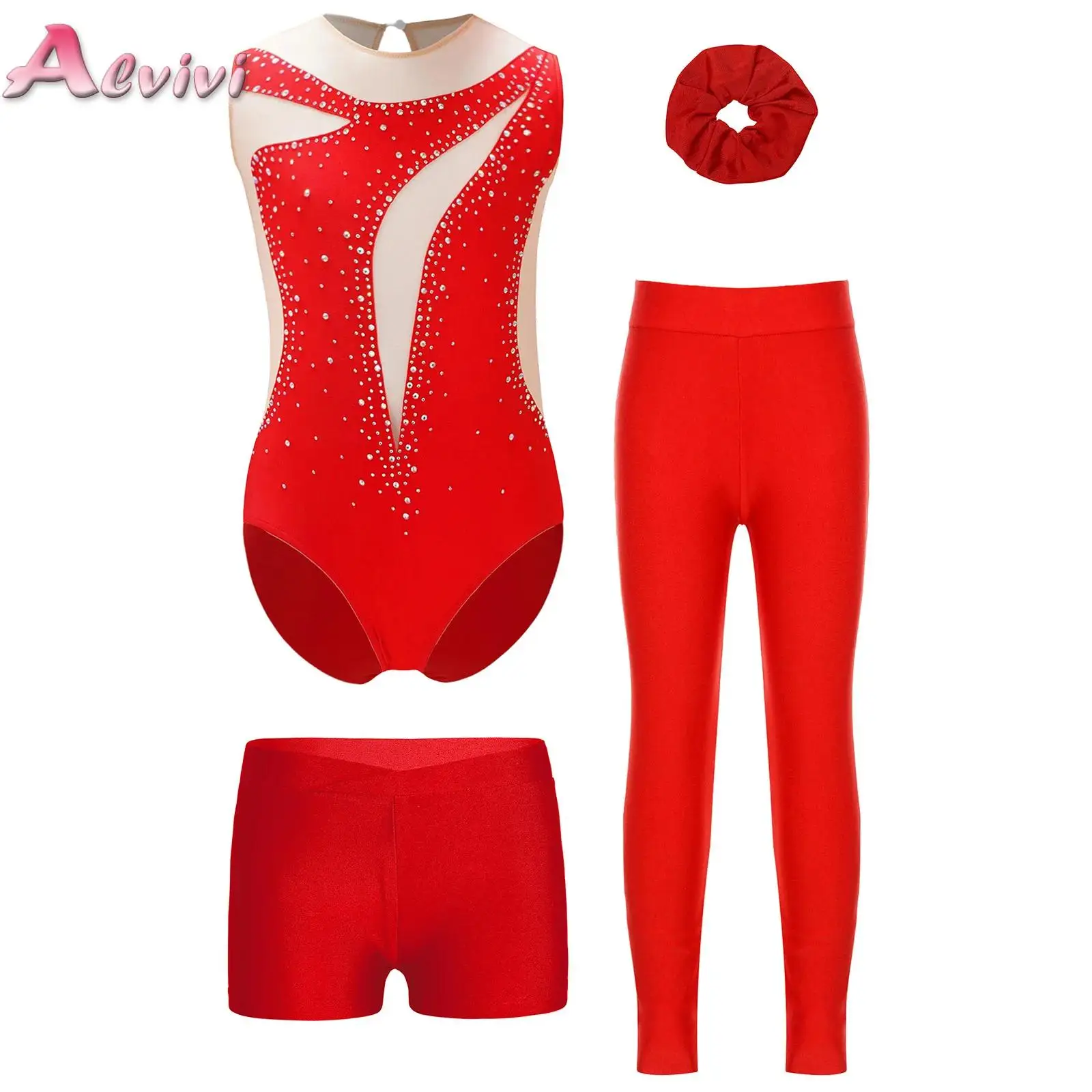 

Kids Girls Rhythmic Gymnastics Leotards Ballet Dance Bodysuit with Shorts Leggings Headwear Set Figure Skating Jersey Unitard