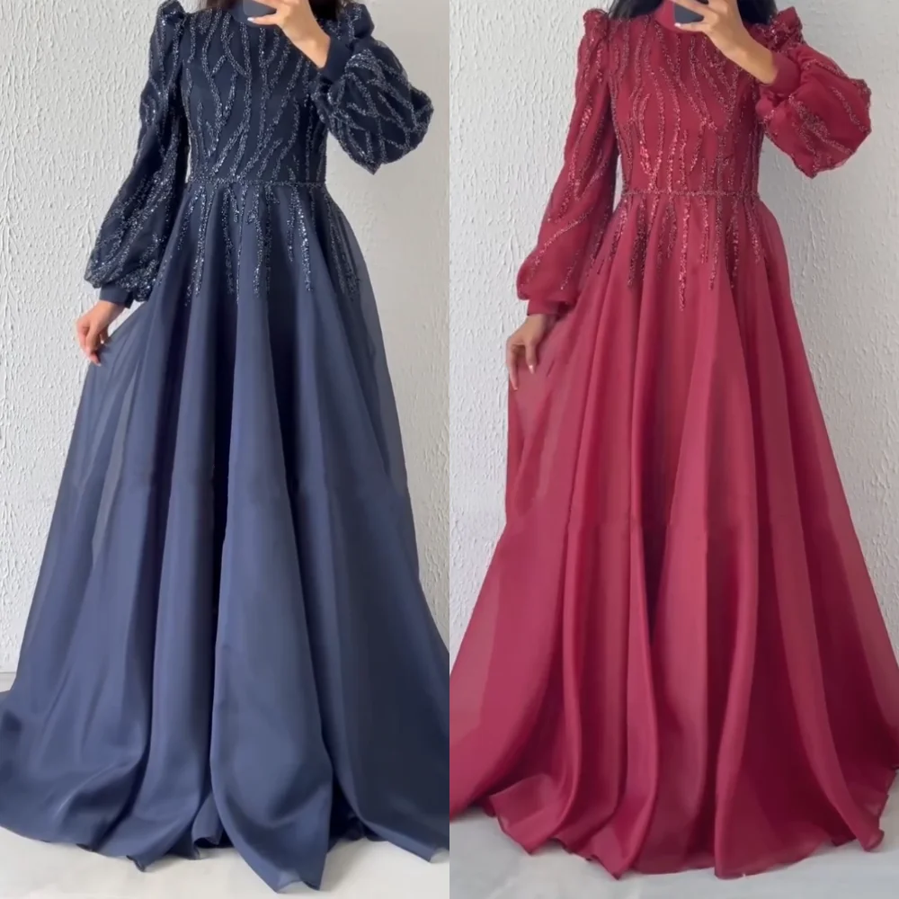 

Customized Women Evening Party Gown Organza Sequined High Collar A-line Long Dresses Bespoke Occasion Classic Elegant Glitter