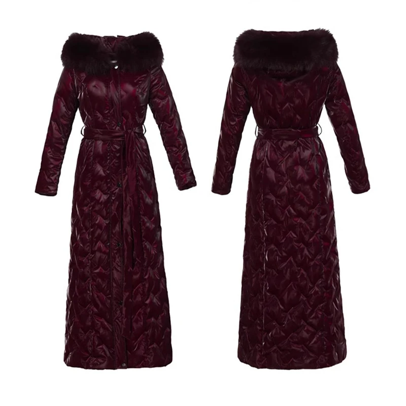 

Winter Unwashed Long Large Fur Collar Hooded Down Jacket Women Slim Thick Cotton Padded Jackets Female Warm Knee Length Outwears