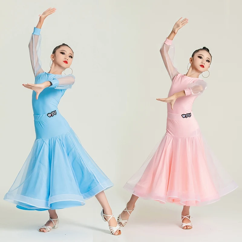 Pink Blue Ballroom Dance Dresses Girls Waltz Standard Dancing Performance Wear Two Piece Tango Dance Stage Costume VDB7661