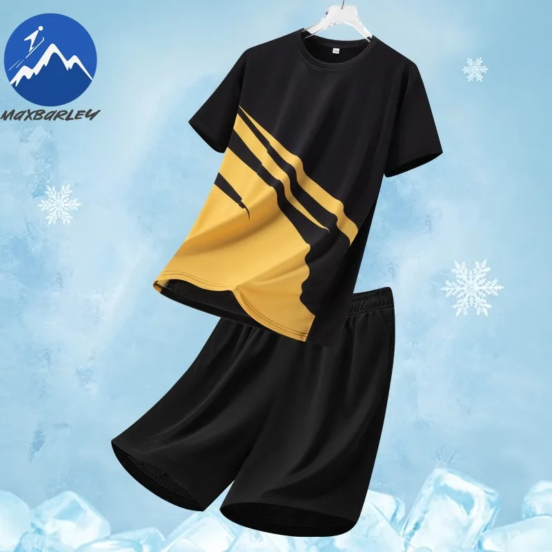 

2026 New Quick Dry Gradient Camo Print Ice Silk Shorts Set Round Neck Men Summer Running Fitness Casual Plus Size Sportswear