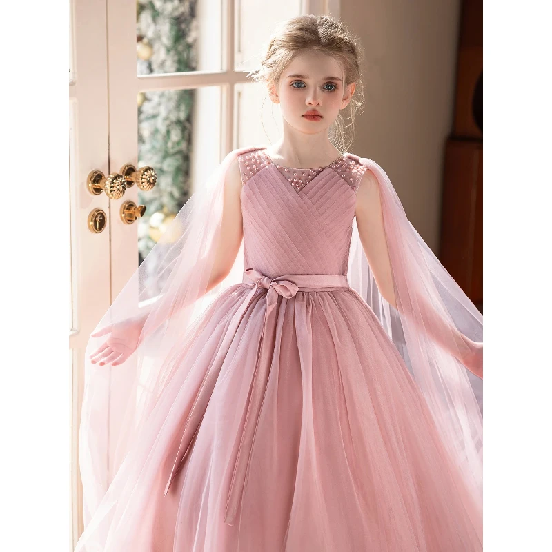فستان أنيق طويل من الشاش الوردي للفتيات الصغيرات مناسب لحفلات الزفاف وحفلات أعياد الميلاد