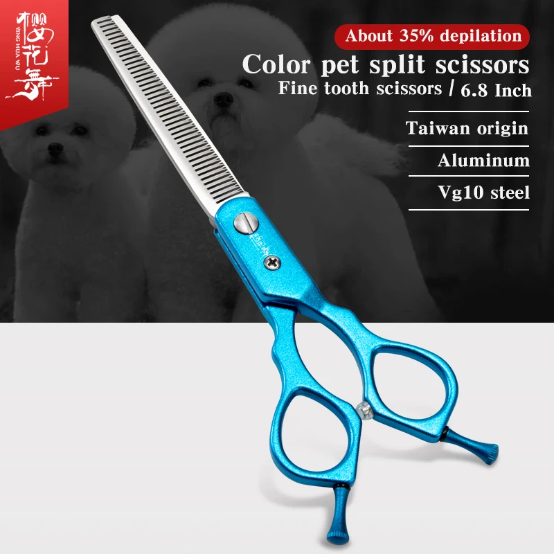 Taiwan origin blue pet grooming teeth scissors double tail nail thin scissors split scissors, beautician's fine trimmi 6.8 inch