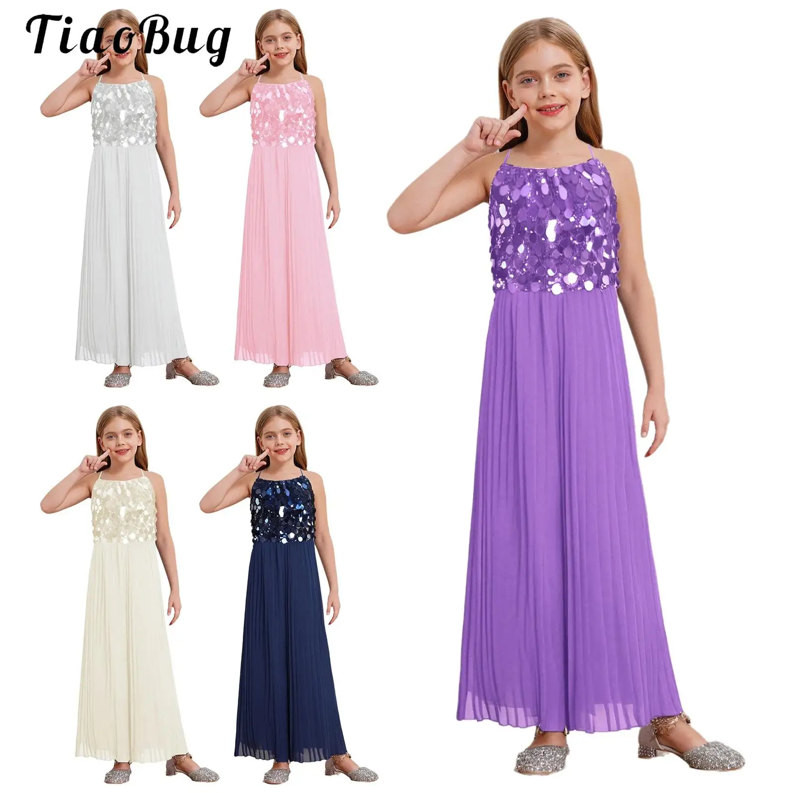 

Kids Girl Shiny Sequin Pageant Romper Full Length Jumpsuit Christmas Banquet Birthday Party Wide Leg Pleated One Piece Outfits