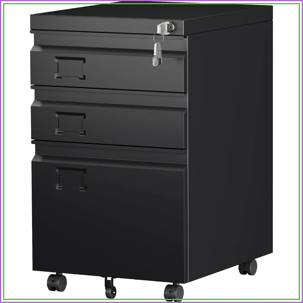 3 Drawer Metal File Cabinet with Lock and 5 Wheels Black Rolling Storage Cabinet