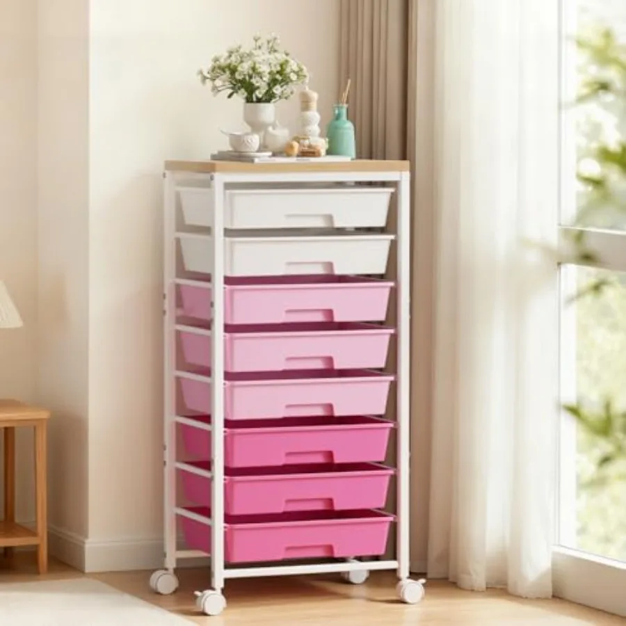 

Rolling Cart with 8 Drawers Plastic Drawer Storage Carts with Wheels Wooden Tabletop Metal Utility Cart Organizer for Bedroom L