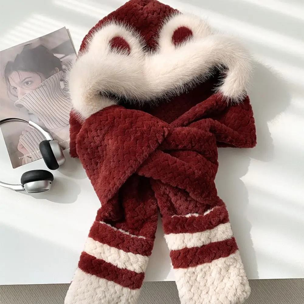 High-Value Bear Protection Hat Soft Thickened Design Integrated Cap Gloves Scarf Pullover Sweet Ear Protection Hat