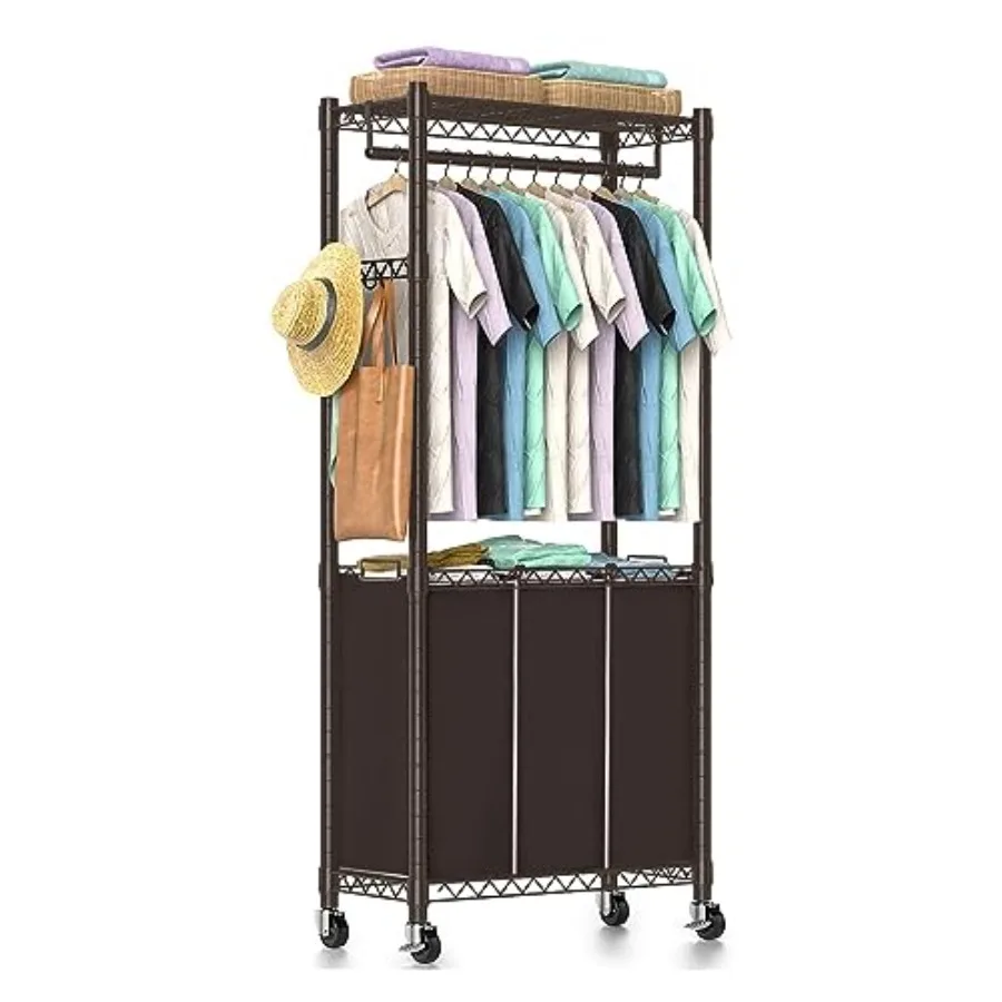 

3-Section Laundry Sorter With Hanging Bar Rolling Hamper Cart for Efficient Clothes Storage Includes Hanging Rack Lockable Whee