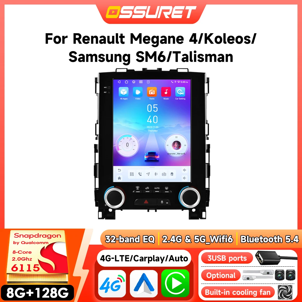 Android Autoradio-Player für Renault Koleos Megane 4 Samsung SM6 Talisman 2017-2019 Auto-Multimedia Drahtloses Carplay Mit Qualcomm Snapdragon 6115 360-Grad-Kamera