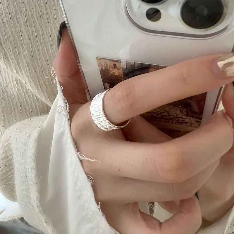 Silvology 925 Sterling Silver Minimalist Texture Wide Rings for Women Japan Korea Temperament Commute Open Rings Fine Jewelry