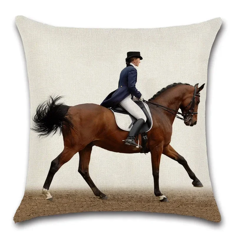 Double-Sided Rider Horse Painting Animal Cushion Cover Funny Equestrian Art Pillowcase Elegant Living Room Sofa Home Decor