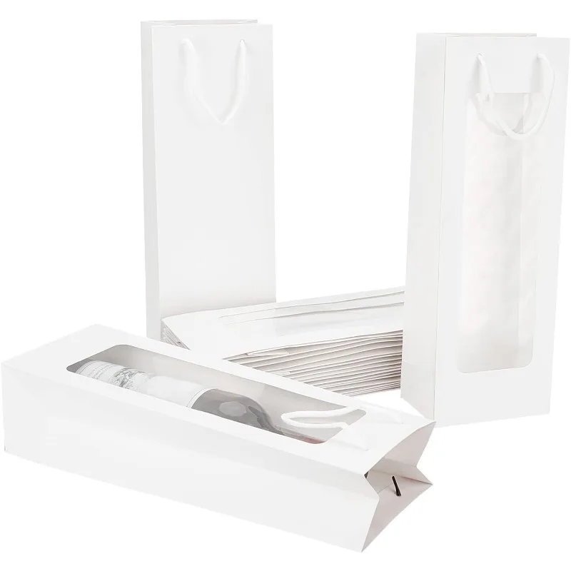 

12pcs Wine Gift Bags with Clear Window White Kraft Paper Wine Bags with Handles Solid Champagne Bags for DIY Wine Bottles Gift