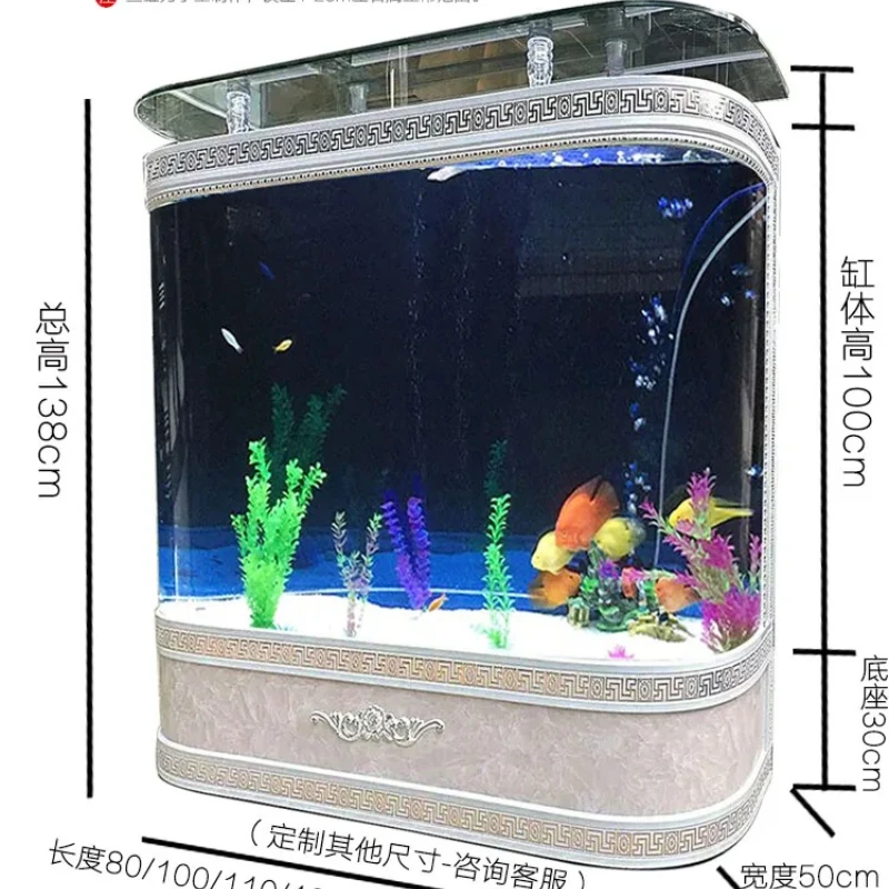 

tank aquarium against the wall double arc European screen medium large glass golden dragon fish tank creative can be customized