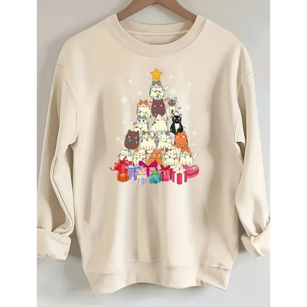 Christmas Cartoon Women\'s Hoodie Autumn/Winter Round Neck Long Sleeved Party Christmas Tree Print Design Cheap Clothing 2024 New