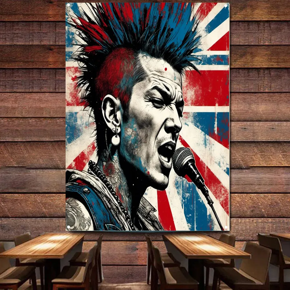 70s PUNK Psychedelic Rock Flag Banner Wall Hanging, Retro Music Tapestry Wall Art Decoration Poster for Bar Man Cave Dorm Room