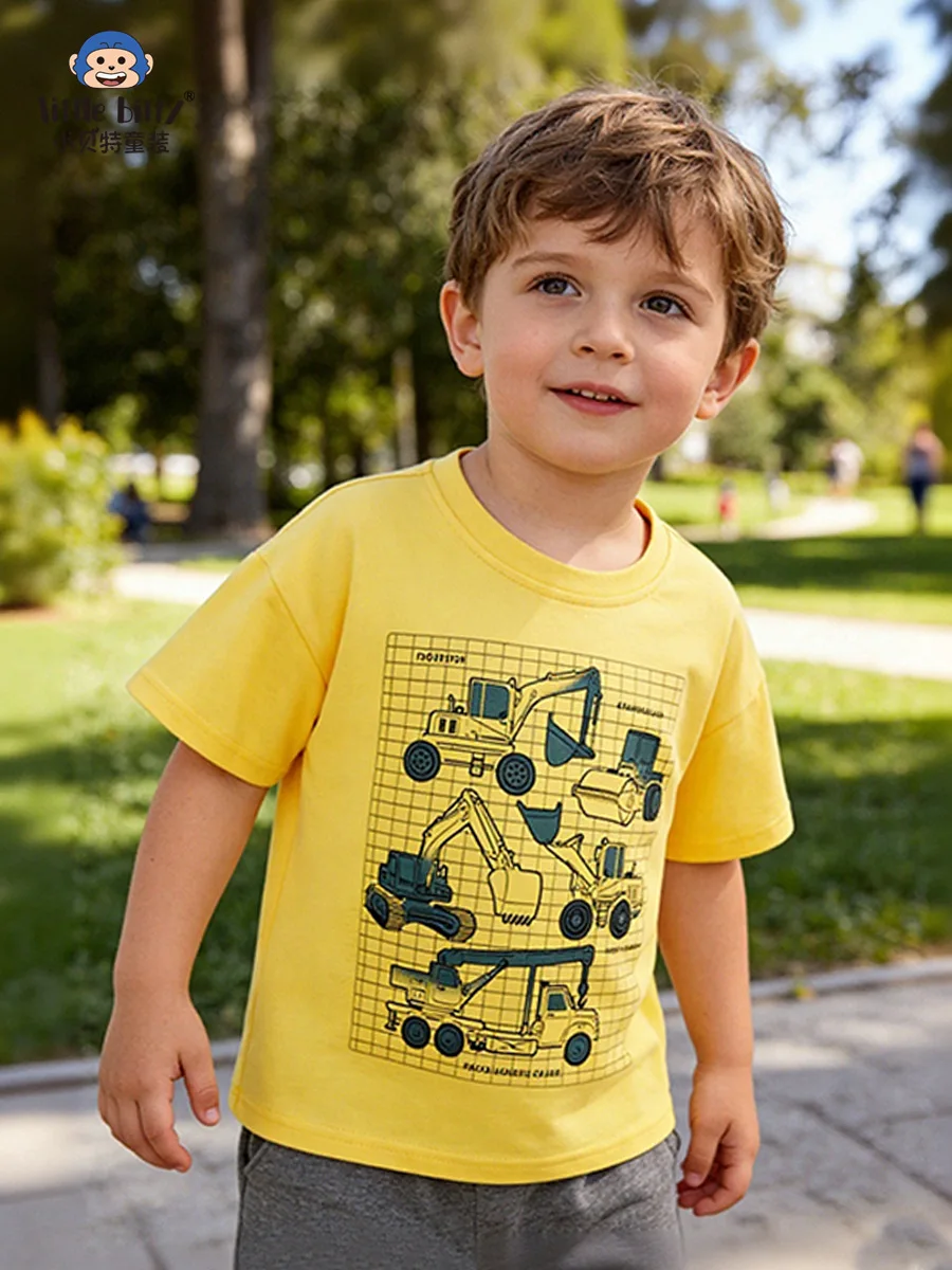 

Boys Cartoon Plaid Car Print Round-Neck Short-Sleeve Shirt Casual Summer 3-8 Children's Clothing Baby T-shirt
