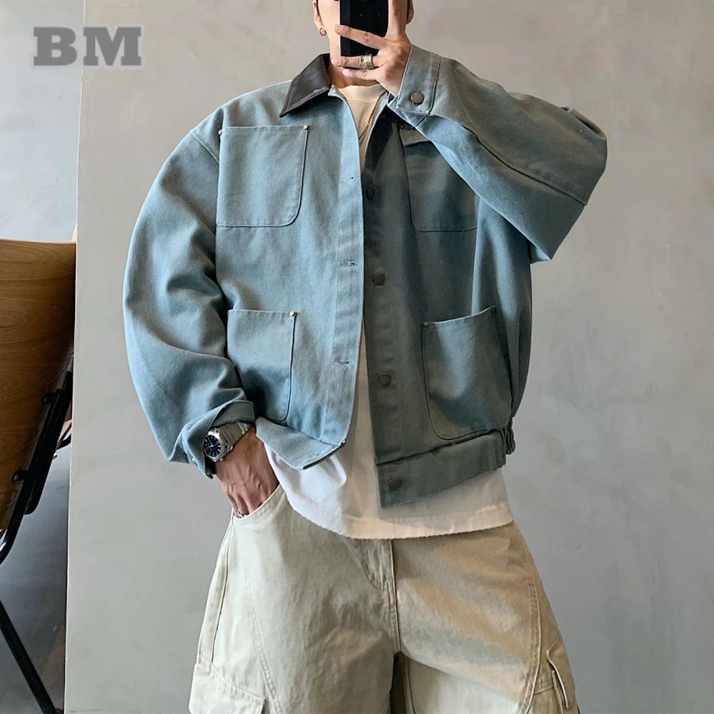 

American Streetwear Vintage Work Jackets For Man Short Style Leather Collar High Quality Urban Trendy Blue Oversized Coat Male