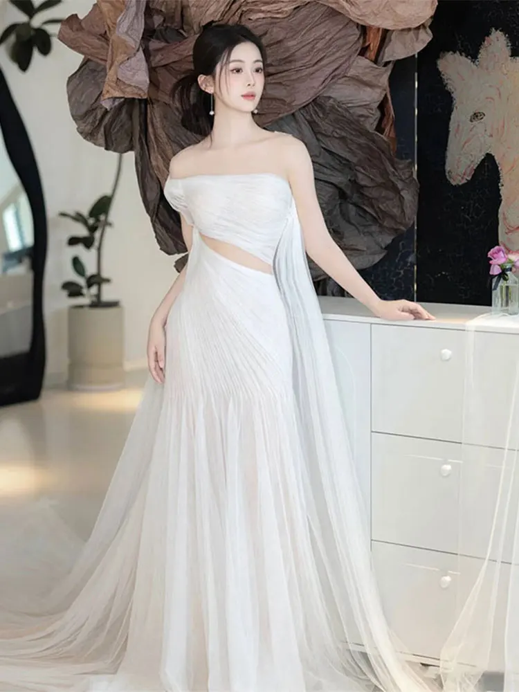 

Sexy Backless Bridal Gown Evening Dress Wedding Morning Robe Fish Tail Evening Gown with Train for Bride Elegant Style Zipper...