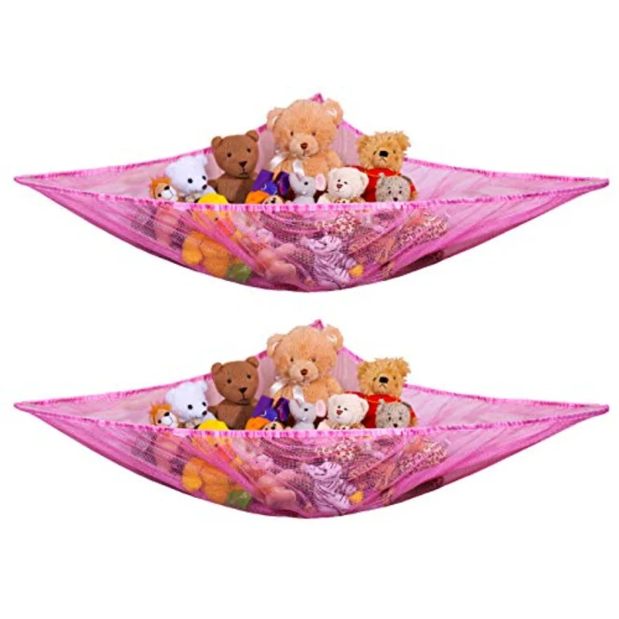Stuffed Animal Storage Hammock 2-Pack, Pink Mesh Toy Organizer for,Expandable Corner Net Holds 30+ Plushies, Easy Wall Mount, N